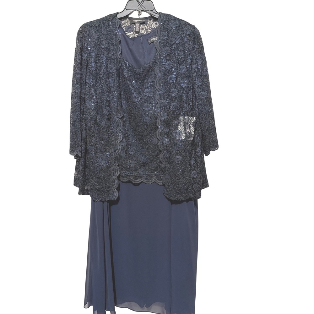 R&M Richards Navy Blue Lace Sequin 2 Piece Dress and Jacket Set 22W 7479W